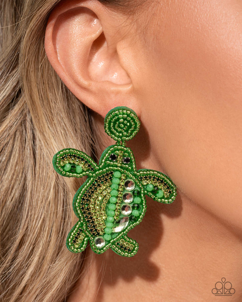Turtle Tapestry - Green Post Earrings - Paparazzi Accessories