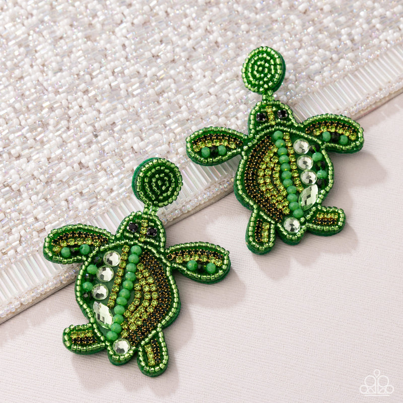 Turtle Tapestry - Green Post Earrings - Paparazzi Accessories